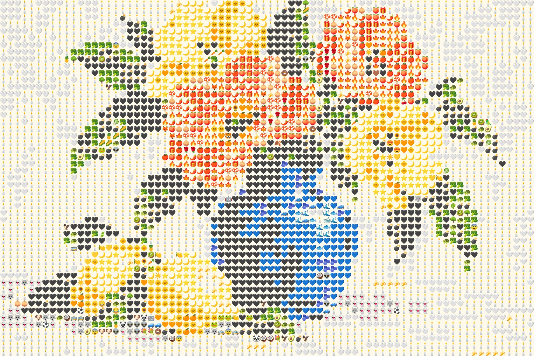 Emoji art from painting of flowers in a blue vase beside lemons