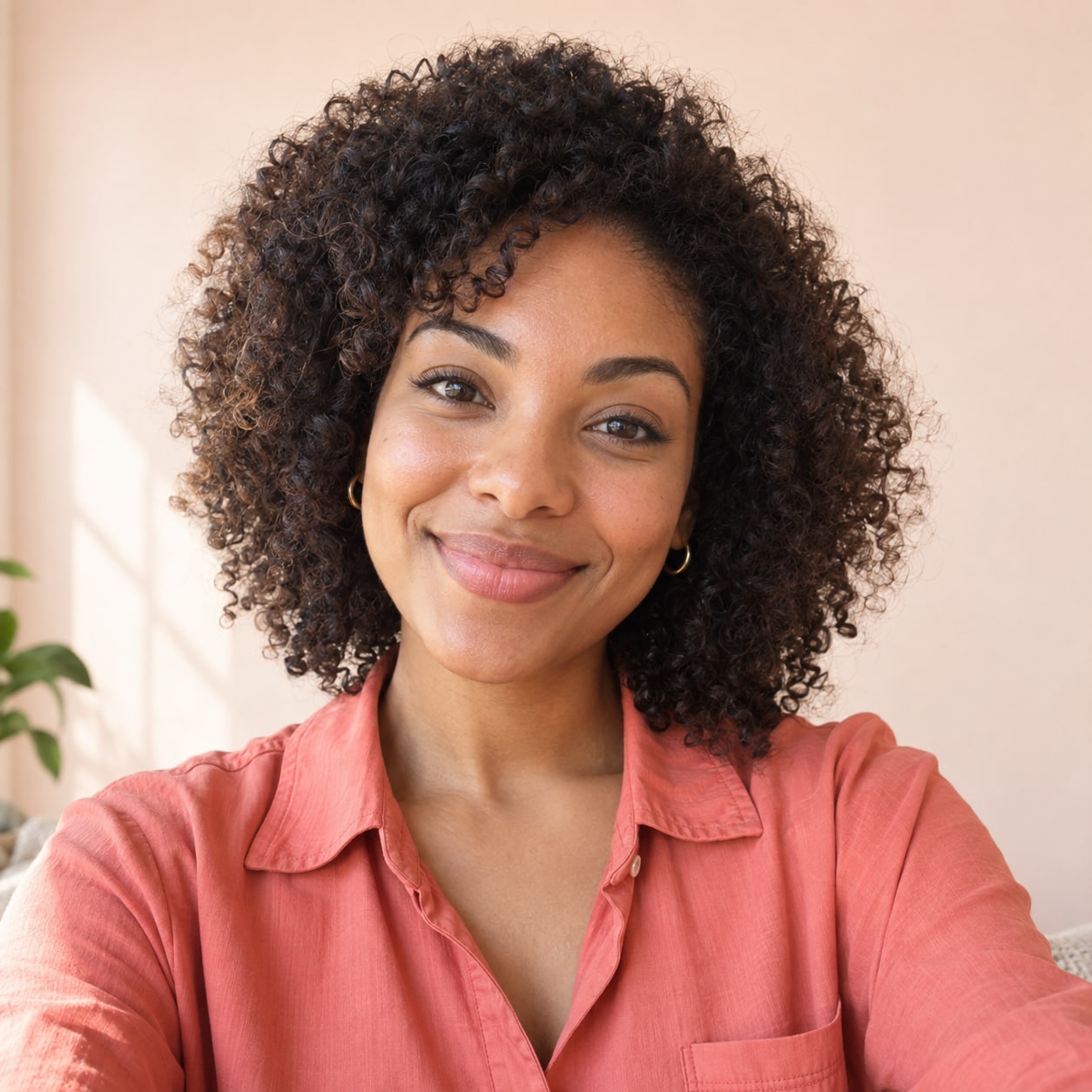 Woman with curly hair smiling in a coral shirt